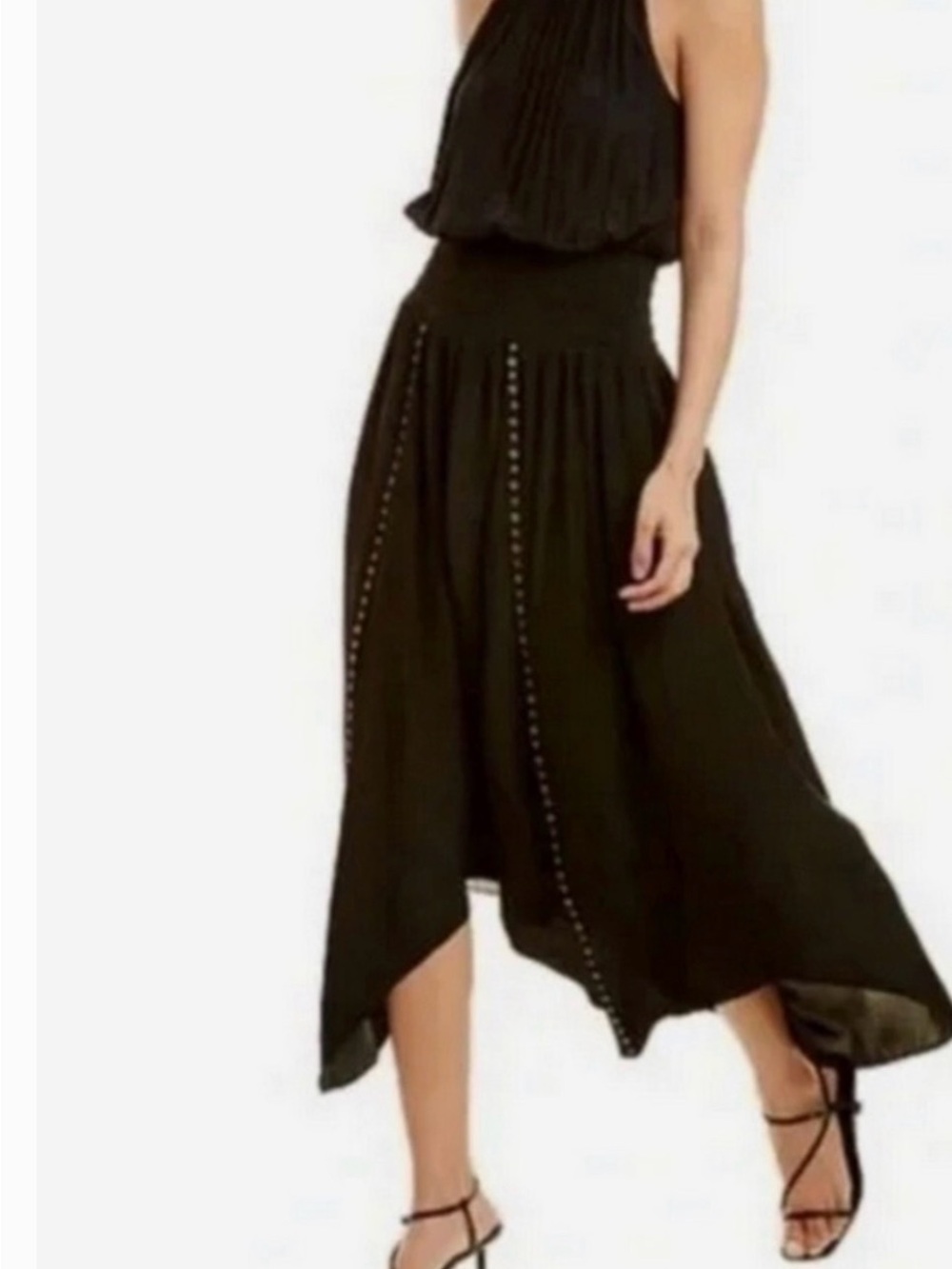 Ramy Brook Black High-Waist Midi Skirt with Stud Trim